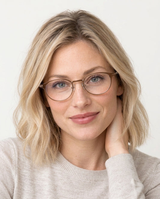 Model wearing Dormann Nashville round optical frames in Dusty Rose